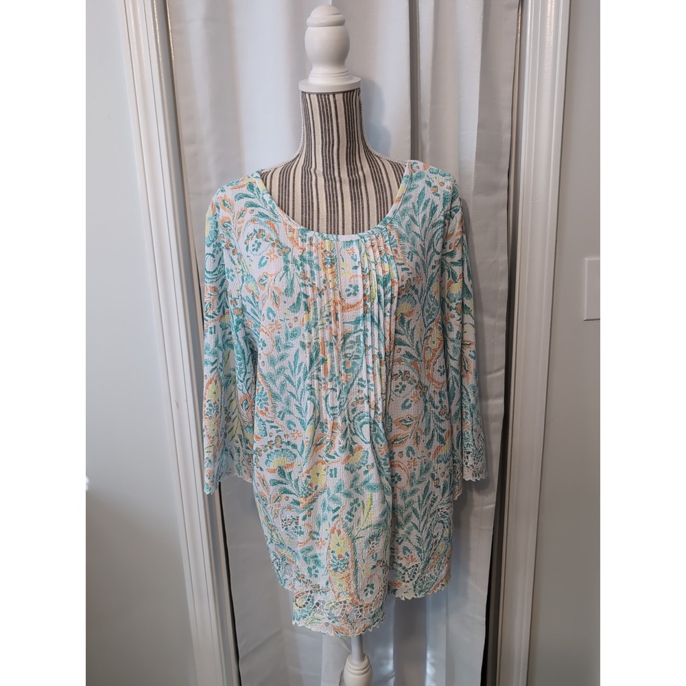 Ruby Rd. Paisley Floral Pleated Blouse Womens 3/4‎ Sleeve Lace Accents Large